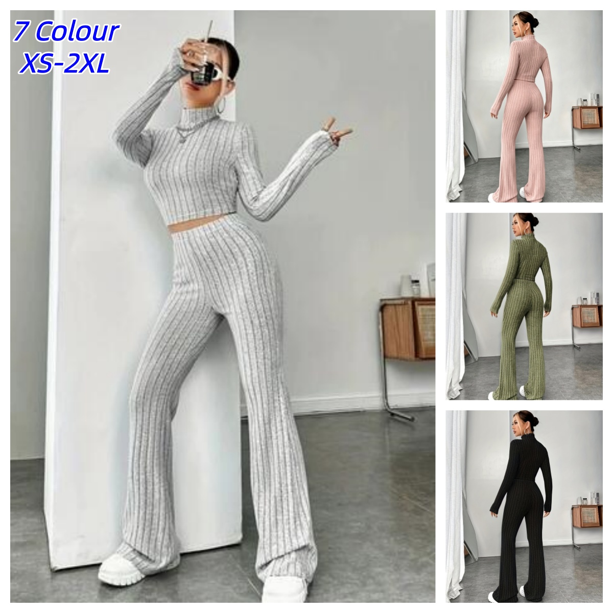 Crop Top Crochet - Damski dopasowany dzianinowy komplet bodycon, damski